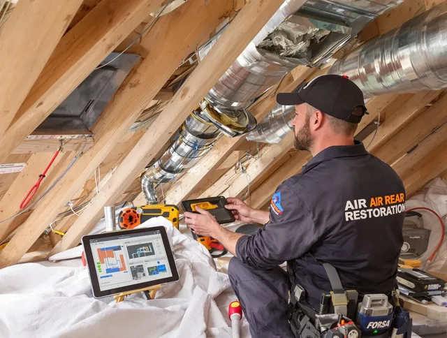 Lincoln Air Duct Cleaning technician performing precise duct repair work in Lincoln