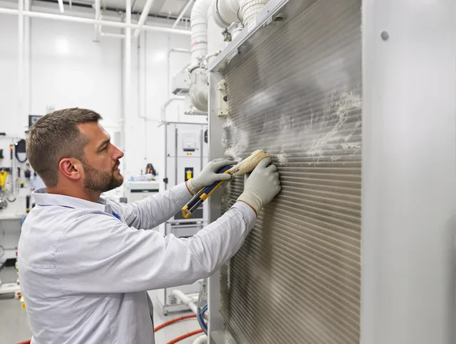 Lincoln Air Duct Cleaning technician performing precision commercial coil cleaning at a Lincoln business
